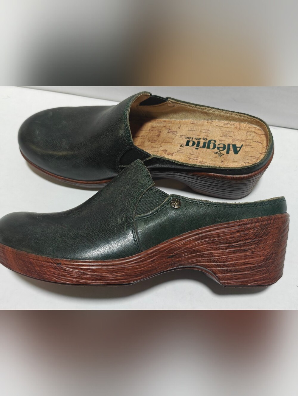 Alegria Dark Green Leather Slip-On Clog with Wood-Effect Wedge